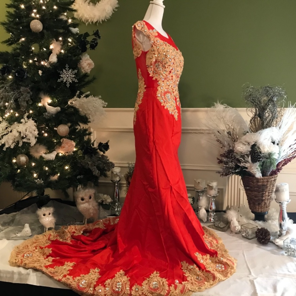 Red with gold appliqué mermaid style dress - Picture 9 of 13
